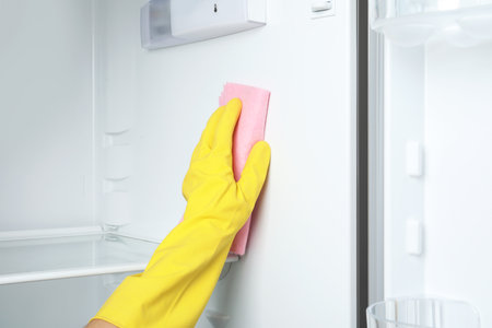 Woman cleaning empty refrigerator with rag, closeupの写真素材