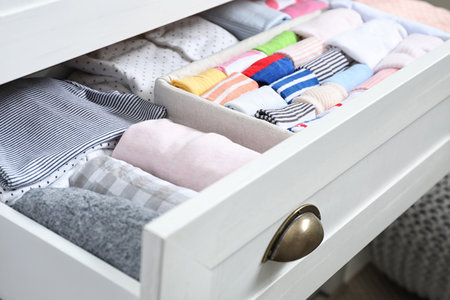 Wardrobe drawer with many child socks, closeupの写真素材