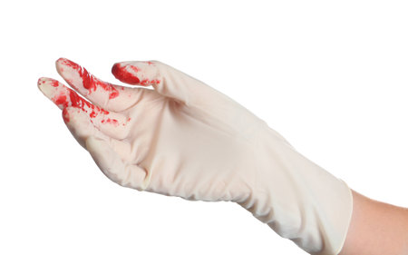 Doctor in medical glove with blood on white backgroundの写真素材