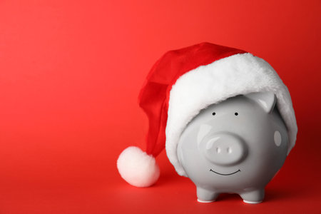 Cute piggy bank with Santa hat on color backgroundの写真素材