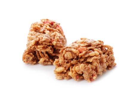 Pieces of tasty protein bar on white backgroundの写真素材