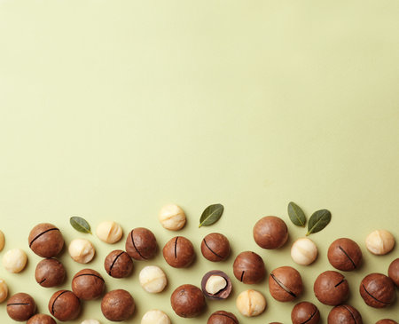 Composition with organic Macadamia nuts and space for text on color background, top viewの写真素材