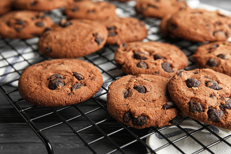 Cooling rack with chocolate chip cookies, closeup