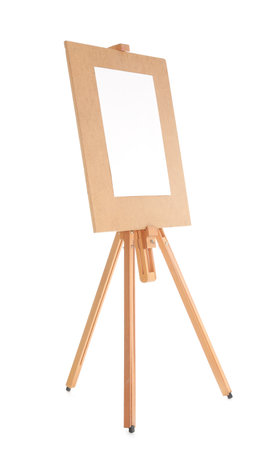 Wooden easel with blank sheet of paper on white background. Space for textの写真素材