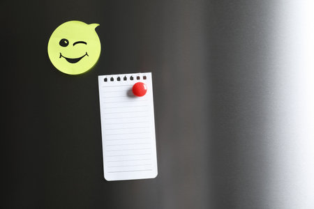 Blank note and sticker with funny face on refrigerator door. Space for textの写真素材