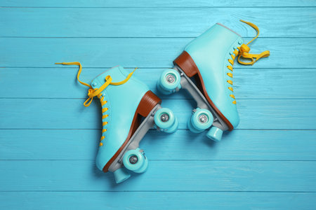 Pair of stylish quad roller skates on wooden background, top viewの写真素材