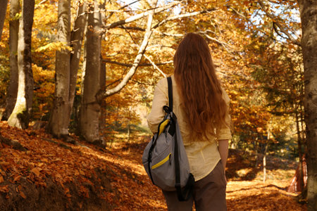 Woman with backpack walking in autumn forest. Space for text
