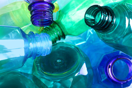 Used plastic bottles as background, closeup. recycling problemの写真素材