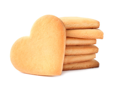 Homemade heart shaped cookies on white backgroundの写真素材