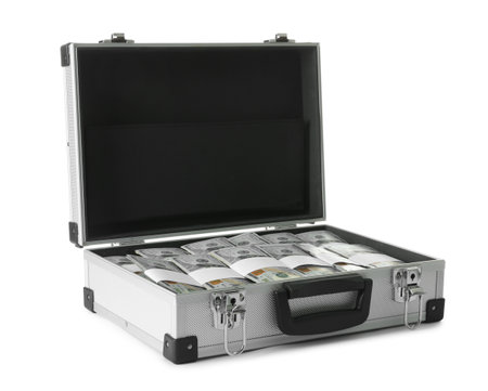 Open hard case full of money on white background