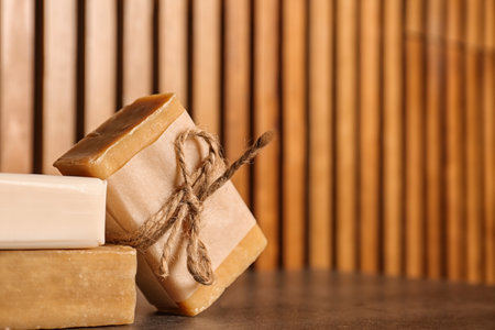 Soap bars on table. Space for textの写真素材
