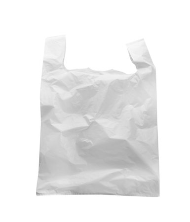 Clear disposable plastic bag isolated on whiteの写真素材