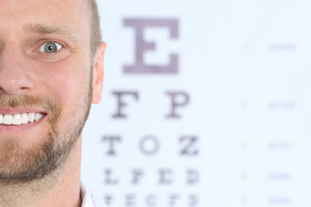 Close up view of man and blurred eye chart on background. Space for textの写真素材