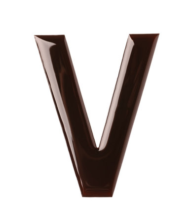 Chocolate letter V on white background, top viewの写真素材