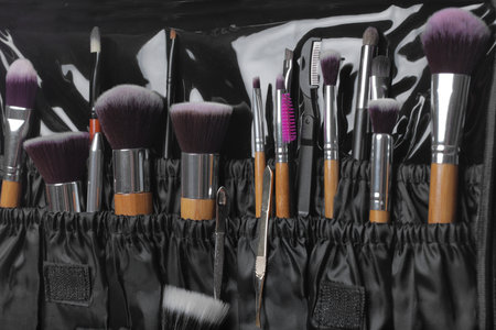 Stylish case with tweezers and brushes for applying makeup products, closeupの写真素材