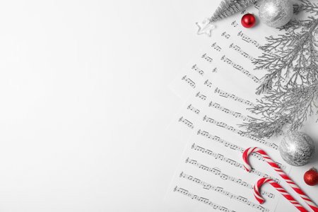 Composition with music sheets and space for text on white background, top viewの写真素材