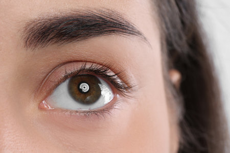 Young woman with beautiful natural eyelashes, closeup viewの写真素材