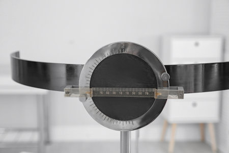 Close up view of campimeter in clinic. Ophthalmic equipment