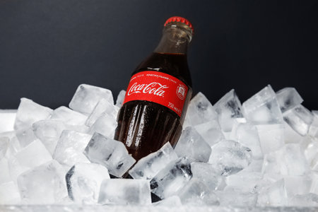 MYKOLAIV, UKRAINE - NOVEMBER 15, 2018: Bottle of Coca Cola on ice cubes against black background