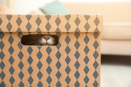 Adorable Maine Coon cat in cardboard box at home. Space for textの写真素材