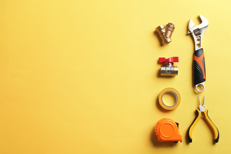Flat lay composition with plumber's tools and space for text on color backgroundの写真素材