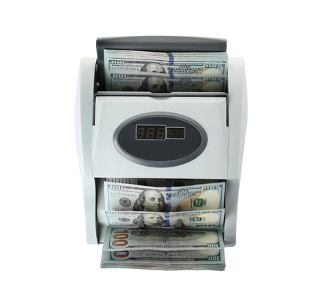Modern electronic bill counter with money on white background, top viewの写真素材