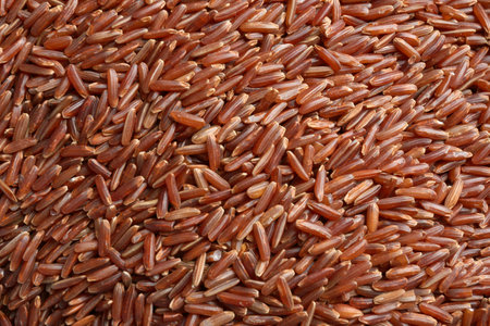 Raw brown rice as background, closeup viewの写真素材