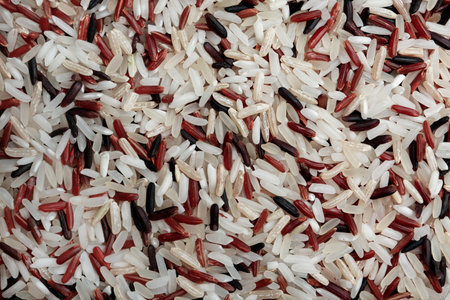 Mixed brown and other types of rice as background, closeupの写真素材