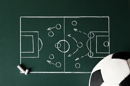 Chalkboard with football game scheme and soccer ball, top viewの写真素材