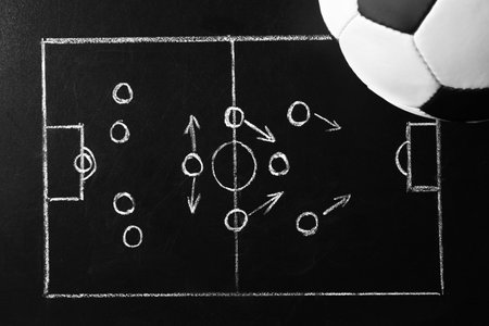Chalkboard with football game scheme and soccer ball, top viewの写真素材