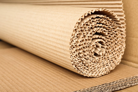 Roll of brown corrugated cardboard, closeup. Recyclable materialの写真素材