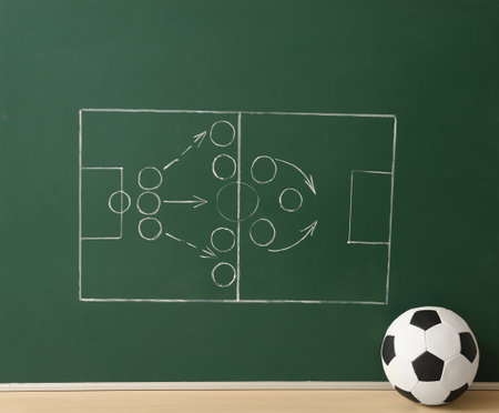 Soccer ball near chalkboard with football game scheme on tableの写真素材