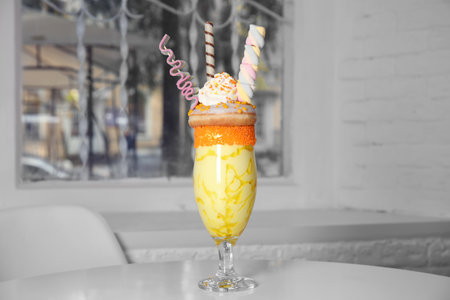 Glass of tasty milk shake with sweets on table indoorsの写真素材