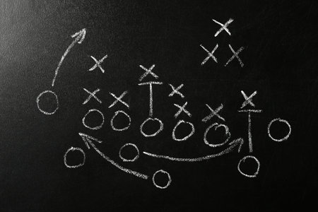 Chalkboard with scheme of football game. Team play and strategyの写真素材