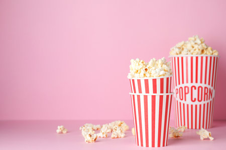 Tasty popcorn in paper cups on color background. Space for textの写真素材