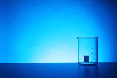 Empty beaker on table against color background. Chemistry laboratory glasswareの写真素材