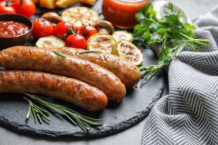 Slate plate with delicious sausages and vegetables served for barbecue party on gray tableの写真素材