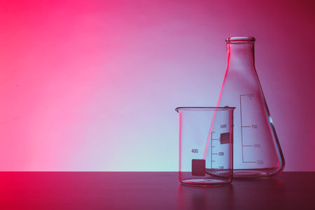 Empty chemistry laboratory glassware on table against color backgroundの写真素材