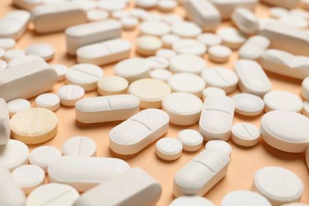 Many different pills on color backgroundの写真素材