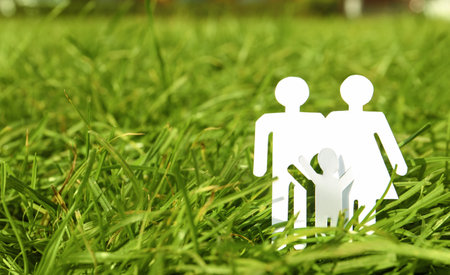 Paper silhouette of family in grass outdoors, space for text. life insurance conceptの写真素材