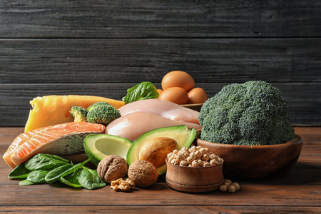 Different natural food on table. high protein dietの写真素材