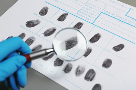 Criminalist exploring fingerprints with magnifying glass, closeupの写真素材