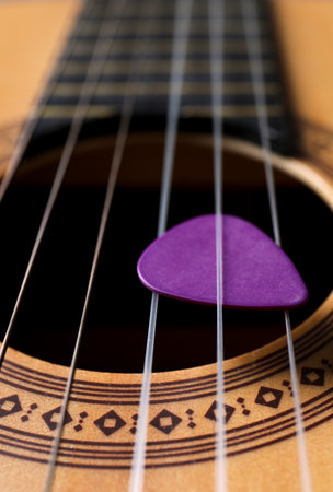 Closeup view of acoustic guitar, focus on sound hole with plectrumの写真素材