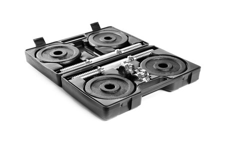 Professional dumbbell set in case on white backgroundの写真素材