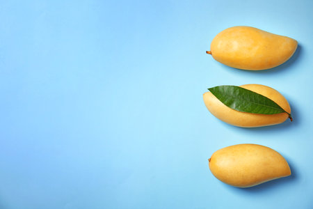Flat lay composition with mango fruits on color background. Space for textの写真素材