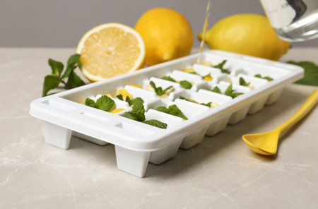 Pouring water into ice cube tray with mint and lemon on gray tableの写真素材