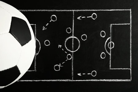 Chalkboard with football game scheme and soccer ball, top viewの写真素材