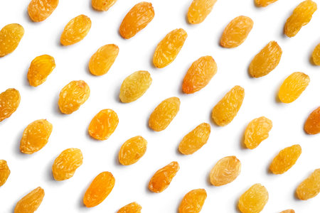 Composition with raisins on white background, top view. Dried fruit as a healthy snackの写真素材