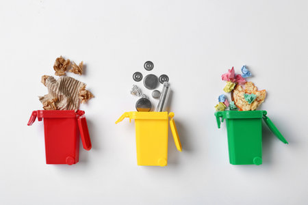 Trash bins and different garbage isolated on white, top view. Waste recycling conceptの写真素材