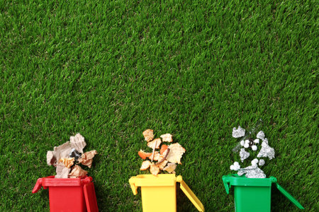 Trash bins and different garbage on green grass, top view with space for text. Waste recycling conceptの写真素材